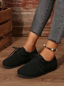 Giày bệt đế mềm đơn giản, thoải mái, buộc dây, thời trang xuân/thu mới cho nữ cỡ lớn 35-43 - màu đen - Xem 2