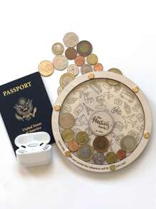 1pc Personalized Wooden Coin Holder - Ideal Travel Enthusiast Gift, Large Round Cash Bank With Unique Design, Perfect For Home Decor & Collecting Memories