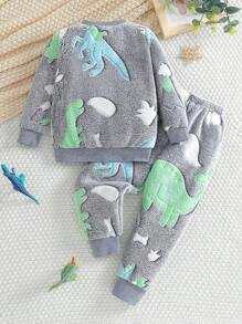 年轻男孩毛绒恐龙图案长袖休闲舒适套头睡衣套装（紫色灯光下发光）