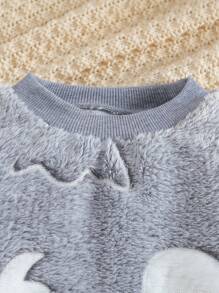 年轻男孩毛绒恐龙图案长袖休闲舒适套头睡衣套装（紫色灯光下发光）