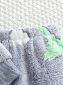 年轻男孩毛绒恐龙图案长袖休闲舒适套头睡衣套装（紫色灯光下发光）