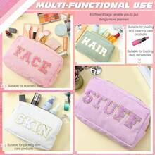 4 piezas Set de bolsas de maquillaje estilo preppy de Pinkunn con parches de letras de chenilla para guardar maquillaje, cuidado de la piel y del cabello, bolsas estéticas de terciopelo acanalado y nailon, regalos de cumpleaños para mujeres (morado, rosa, blanco, verde, terciopelo acanalado) - Multicolor - Ver 7