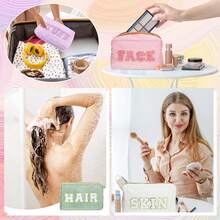 4 piezas Set de bolsas de maquillaje estilo preppy de Pinkunn con parches de letras de chenilla para guardar maquillaje, cuidado de la piel y del cabello, bolsas estéticas de terciopelo acanalado y nailon, regalos de cumpleaños para mujeres (morado, rosa, blanco, verde, terciopelo acanalado) - Multicolor - Ver 8