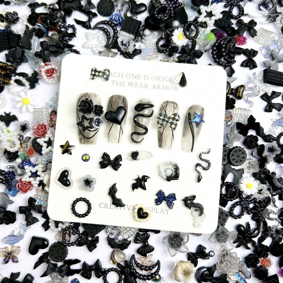 50Pcs Dark Theme Mixed Resin Tiny Bat, Spider, Snake, Punk Rock, Pearl, Bow, Flower, Heart, Feather Nail Art Decorations Diy Nail Supplies Nails Nail Charms Nail Gems