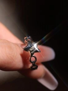 1 件 925 纯银星形设计空心链星形组合开口戒指，雕刻星形字母复古朋克风格适合男女，日常休闲派对情侣礼物 - 銀色 - 查看 5