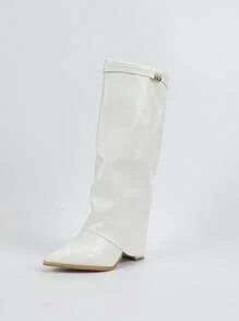 素食皮革过膝粗跟套脚靴 - 白色 - 查看 6