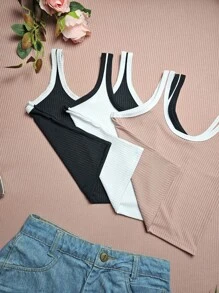 KIT3 TOP Cropped Simple Basic Ribbed Knit - 粉色 - 查看 2