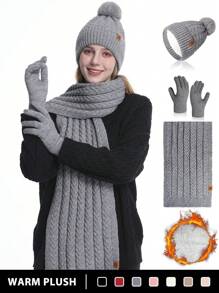 1-3 peças/conjunto de gorro de malha de inverno feminino e luvas touchscreen, forro grosso, textura estampada, toque de pompom, adequado para esqui, viagens, direção, encontros, uso diário Halloween - Multicolorido - Ver 2