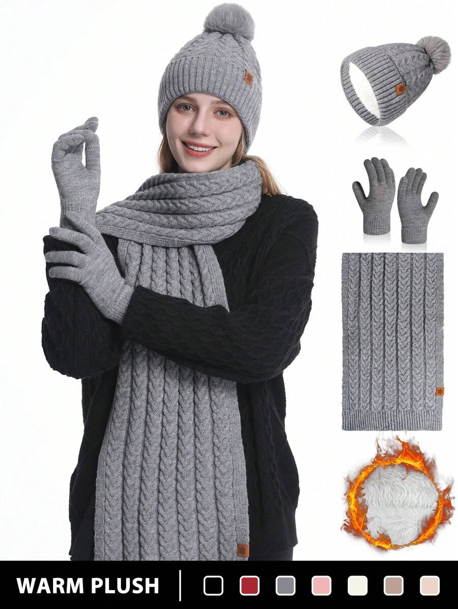 1-3 peças/conjunto de gorro de malha de inverno feminino e luvas touchscreen, forro grosso, textura estampada, toque de pompom, adequado para esqui, viagens, direção, encontros, uso diário Halloween