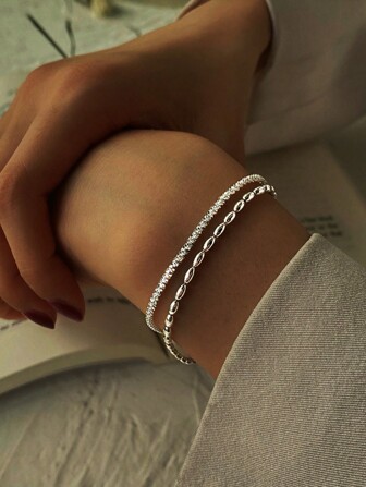 925 Sterling Silver Starry Beads Double Layer Chain Bracelet, Elegant Women Jewelry