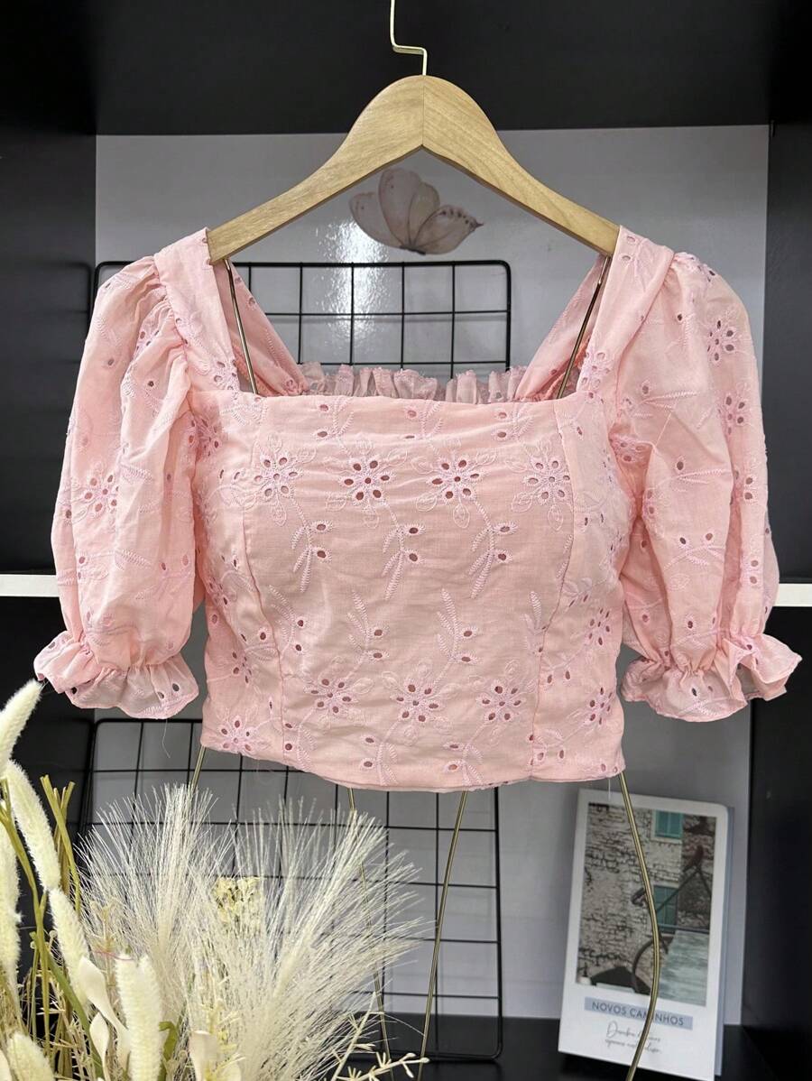 Women's Laise Crop Top With Padded Cups And Puff Sleeves - Màu Hồng baby - Xem 1