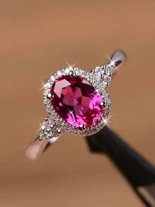 1pc New Fuchsia Cubic Zirconia Ring, Women's Engagement Jewelry - Hot Pink - View 1