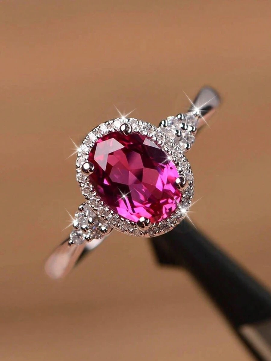 1pc New Fuchsia Cubic Zirconia Ring, Women's Engagement Jewelry - Hot Pink - View 1