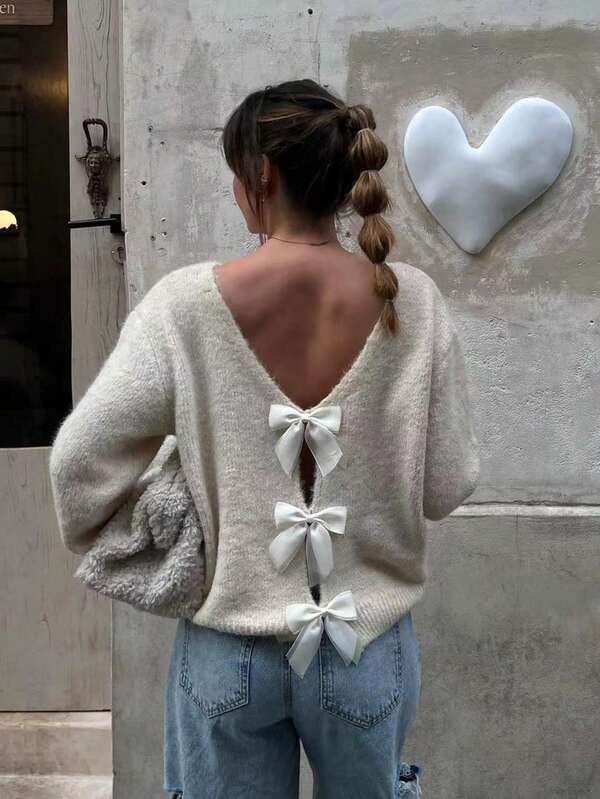 Joy Knit Women's New Autumn/Winter Sweater - Autumn/Winter Valentine's Day Sweater - Hollow-Out Bowknot Design On Back, Reversible Pullover Long Sleeve Winter Sweater