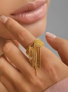 Statement Stainless Steel Chain Tassel Finger Ring Adjustable 18K PVD Plated High Quality Charm Stylish Golden Jewelry - Trendy - View 2