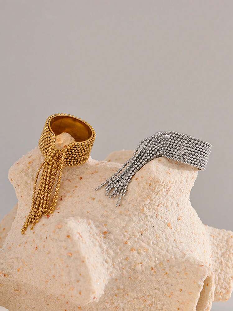 Statement Stainless Steel Chain Tassel Finger Ring Adjustable 18K PVD Plated High Quality Charm Stylish Golden Jewelry - Trendy - View 6