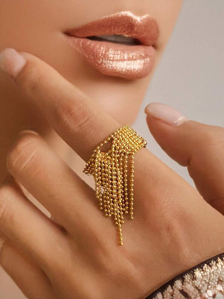 Statement Stainless Steel Chain Tassel Finger Ring Adjustable 18K PVD Plated High Quality Charm Stylish Golden Jewelry - Trendy - View 3