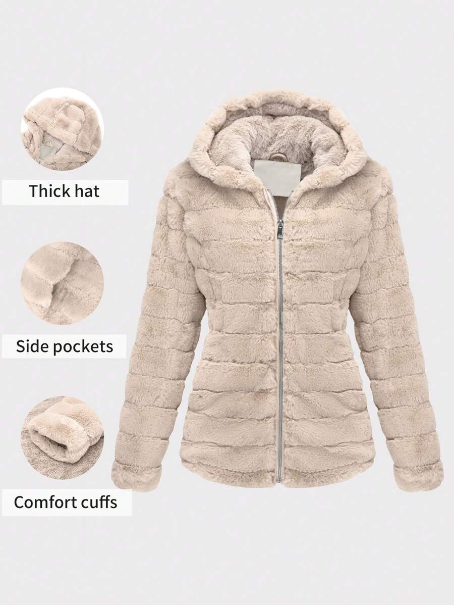 Risissida Women Hooded Faux Fur Jacket With Pockets - The Perfect Choice For Autumn/Winter - Beige - View 1
