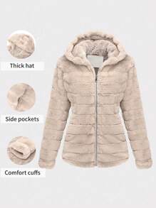 Women's Faux Fur Coat With Hat And Pockets, Perfect For Fall And Winter - Soft Blend Fabrics
