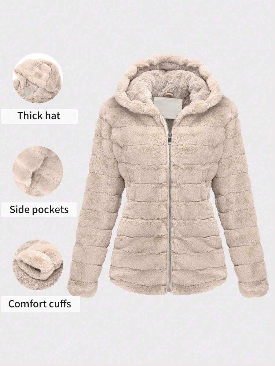 Women's Faux Fur Coat With Hat And Pockets, Perfect For Fall And Winter - Soft Blend Fabrics