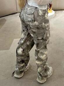 Women Camo Cargo Pants Y2K Camouflage Wide Leg Baggy Army Cargo Joggers Sweatpants With Flap Pockets