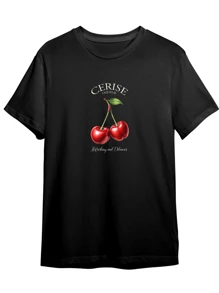 Women's 100% Cotton T-Shirt Minimalist Printed Cherry T-Shirt - 黑色 - 查看 2