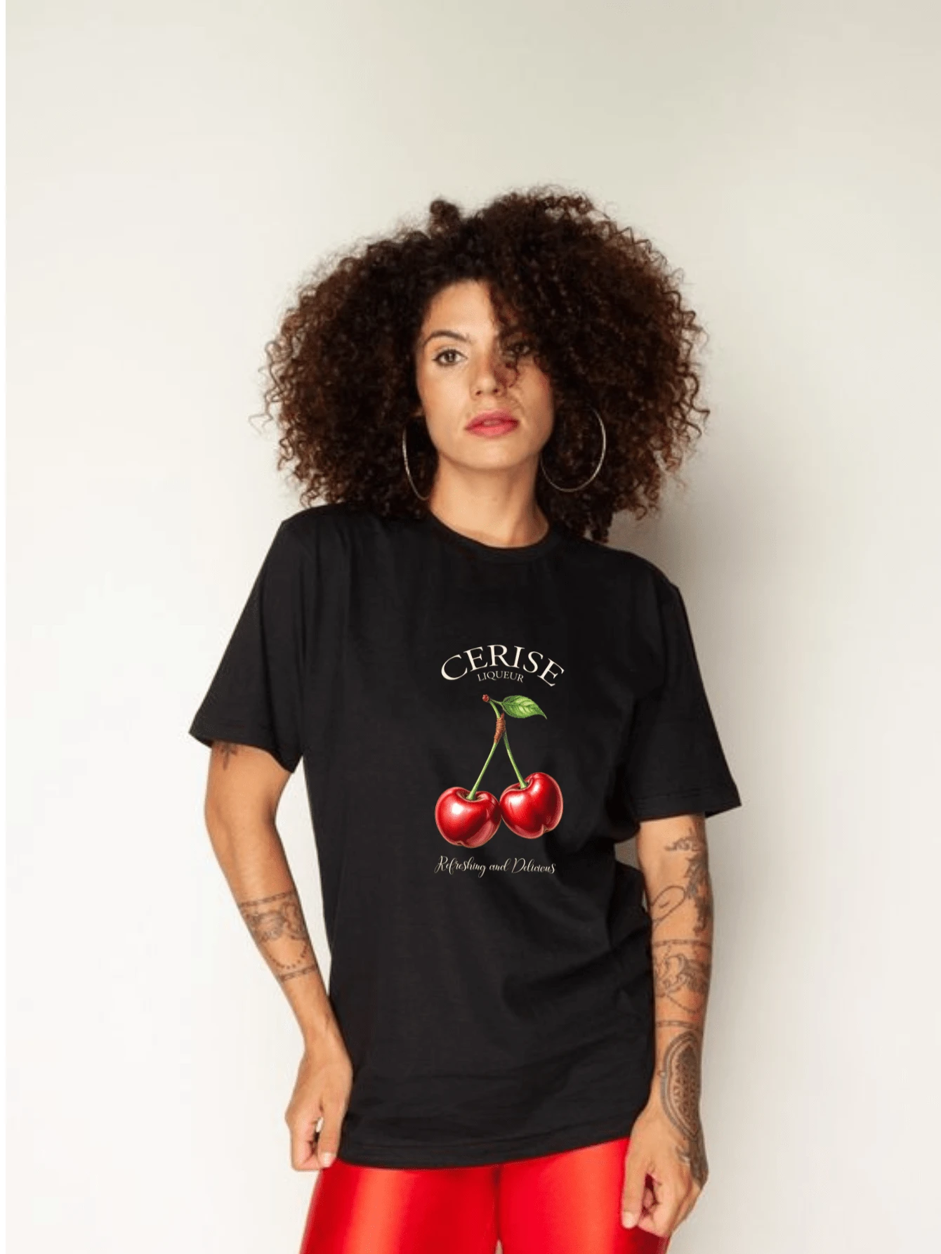 Women's 100% Cotton T-Shirt Minimalist Printed Cherry T-Shirt - 黑色 - 查看 1