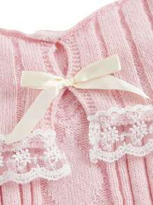 Women Y2k Off Shoulder Tops Slim Fit Long Sleeve Shirt Vintage Ribbed Lace Trim Knit Crop Tee Solid Bow Front Sweater Streetwear - Hồng - Xem 3