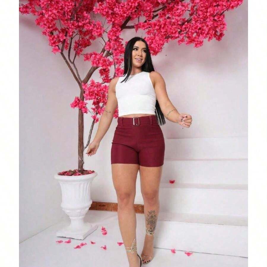 Begaline Women's Shorts Summer Fashion Jogger Shorts With Fake Belt - 紫紅色 - 查看 1