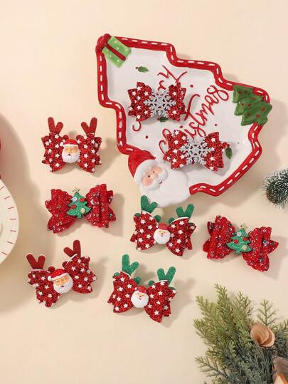 Zestaw 2 sztuk świątecznych cukierkowych kolorów rogów jelenia i kokardki brokatowe spinki do włosów, materiałowy nadruk dziewczęcy spinki do kucyka, akcesoria do włosów na imprezę świąteczną