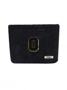 Túi cầm tay nhung kẻ, Túi đựng đồ trang điểm, Túi đựng đồ sọc đơn giản khi đi du lịch, Khăn đen thêu chữ A-Z, Ví đựng mỹ phẩm màu trơn, Túi đựng đồ trang điểm du lịch nhung kẻ dung tích lớn: Hoàn hảo cho việc làm đẹp khi di chuyển! Túi đựng đồ mỹ phẩm du lịch, Đơn giản và cao cấp, Đựng phụ kiện, Thích hợp để cất giữ trong ký túc xá, Du lịch, Đi công tác, Bơi lội, Đựng đồ tại nhà - màu đen - Xem 14