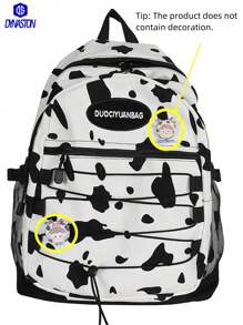 Canvas & Nylon Faux Animal Print Backpack - Retro, Vintage-Inspired Leopard, Cow, Zebra Patterns, Large Capacity, Adjustable Padded Shoulder Straps, Suitable For Students, Travel, Back To School - Black and White - View 3