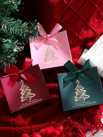 10pcs Christmas Tree Gift Boxes With Red, Pink And Green Ribbons Mini Holiday Gift Bags For Candy, Chocolates And Small Gifts | Perfect Christmas Party Favors, Christmas Stocking Stuffers And Holiday Decorations - Merry Christmas Designs,Christmas