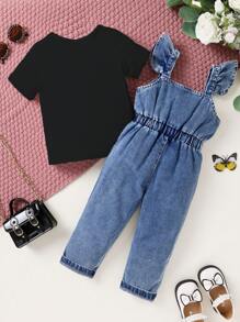 Conjunto de 2 peças/jovem menina elegante doce fofo listra sólida camiseta e borboleta estampado babados jeans macacão roupa casual diária festa de feriado