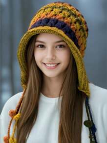 1 Bohemian Women's Rainbow Colored Knitted Hat, Autumn And Winter Tassel, Striped Crochet Knitted Hat, Is An Ideal Choice For Dressing Up Oneself