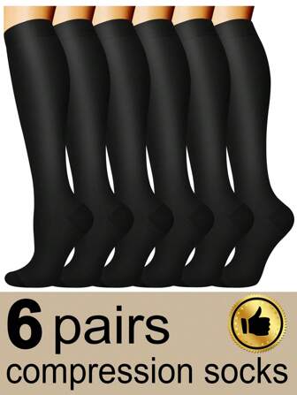 6 双男女专业运动压缩袜，男女通用透气黑色袜子，适合跑步、骑自行车、徒步旅行、旅行、健身、秋季
