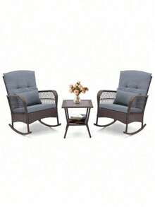 3 PCS Rocking Bistro Rattan Conversation Dining Sofa Set W/ 2-Tiers Coffee Table - 1 - 查看 9