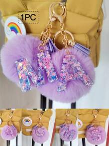 Initial Letter Keychain Pendant Resin Letter Keychain Wallet Backpack Accessory, Purple Fur Ball And Letters, Is The Best Gift For Family And Loved Ones, Letters A-Z Are Available For Selection, Fashionable Items, Alphabet Pendant For Bags - Purple - View 1