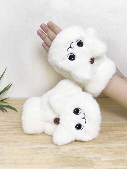 1pair Cute Fur Knit Mittens Plush Half Finger Driving Gloves Autumn Winter Women Girls Thick Warm Flip Fingerless Gloves Cartoon Soft Casual Gloves Lovely Gifts-- Cute Bunny Design Gloves For Outdoor Sports