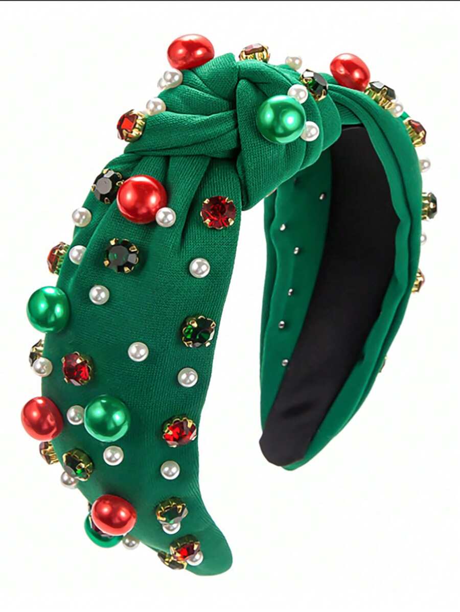 1 قطعة شريط شعر للنساء مزين بالكريستال والخرز الاصطناعي لحفلات عيد الميلاد، قبعة عيد الميلاد من مادة البوليستر، إكسسوارات شعر
