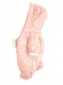 女婴纯色拉链连帽衫，带 3D 耳朵装饰和连体衣，秋冬 - 粉色 - 查看 2