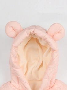 女婴纯色拉链连帽衫，带 3D 耳朵装饰和连体衣，秋冬 - 粉色 - 查看 4