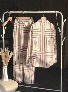 Nuevo conjunto de 2 piezas de pantalones largos y camisa con botones y estampado aleatorio, elegante y casual, adecuado para bodas - Albaricoque - Ver 6