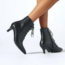 Women's Black Kitten Heels Ankle Boots Pointed Toe Boots High Heeled Lace Up Short Boots Side Zipper Booties For Dress Party - black-2 - View 2