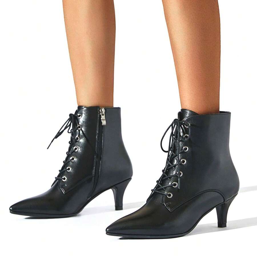 Women's Black Kitten Heels Ankle Boots Pointed Toe Boots High Heeled Lace Up Short Boots Side Zipper Booties For Dress Party - black-2 - View 1
