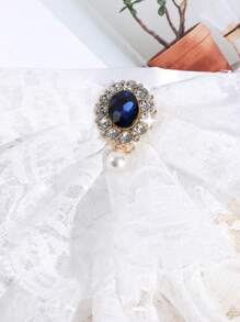 1 件女士休闲黑/白多层蕾丝荷叶边裙下摆，仿宝石花卉装饰，仿珍珠吊坠可拆卸衣领，适合舞台表演、派对、西装配饰情人节 - 白色 - 查看 3