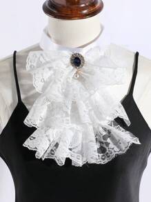 1 件女士休闲黑/白多层蕾丝荷叶边裙下摆，仿宝石花卉装饰，仿珍珠吊坠可拆卸衣领，适合舞台表演、派对、西装配饰情人节 - 白色 - 查看 2