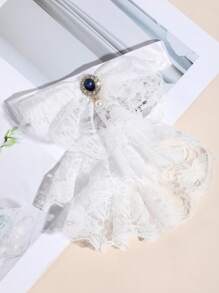 1 件女士休闲黑/白多层蕾丝荷叶边裙下摆，仿宝石花卉装饰，仿珍珠吊坠可拆卸衣领，适合舞台表演、派对、西装配饰情人节 - 白色 - 查看 5