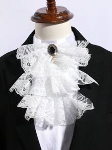 1 件女士休闲黑/白多层蕾丝荷叶边裙下摆，仿宝石花卉装饰，仿珍珠吊坠可拆卸衣领，适合舞台表演、派对、西装配饰情人节 - 白色 - 查看 1