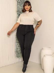 TAILORED PLUS SIZE DRESS PANTS ELASTANE BENGALINE 2 BUTTONS ZIPPER WAISTBAND ELEGANT CURVE - Preto Black - View 2